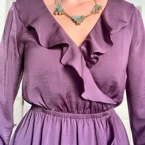 Satin Mauve Elastic Waist L/S Ruffle Dress